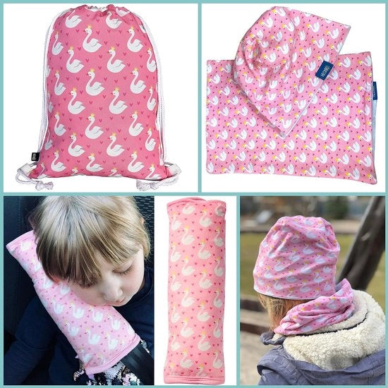 Schiene per bambini, zampa di cigno con cuoricini, lavabile in macchina, 30 x 12 cm, protezione cintura, protezione cinghia, elevazione sedile, cuscino per auto, cuscino per viaggio, vacanza