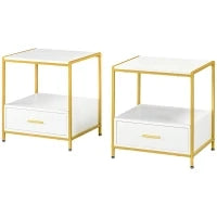 Set di 2 Comodini Moderni con Cassetto e Ripiano Aperto, 50x40x55cm, Bianco e Oro