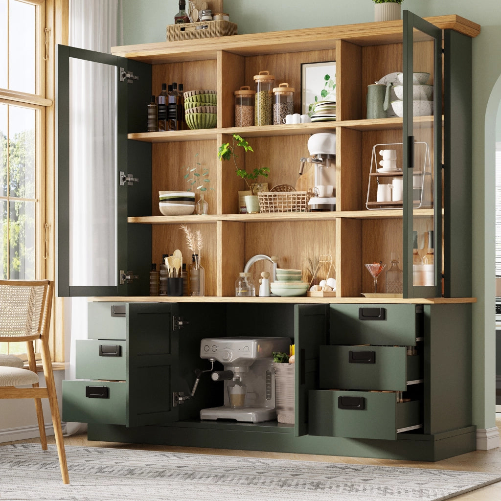Credenza alta con vetrina, 6 cassetti e ante doppie, per cucina, in MDF e metallo, verde, 140 × 40 × 185 cm