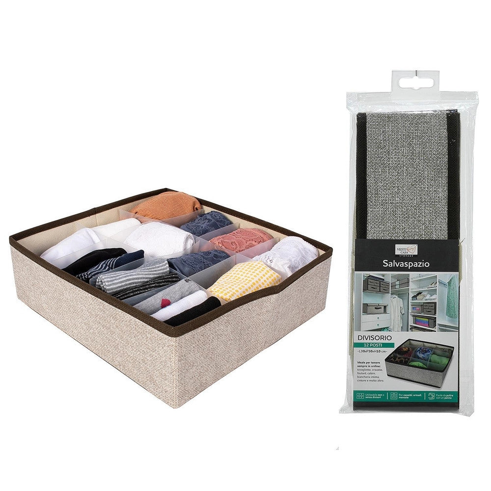 Trade Shop - Organizer Scatola Portaoggetti Divisorio Con 12 Scomparti In Tessuto Salvaspazio 30x30x10cm -
