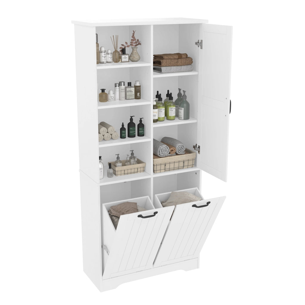 Armadietto da bagno in MDF con 2 cesti portabiancheria, 1 porta e ripiani regolabili, bianco, 78 × 35 × 172,7 cm