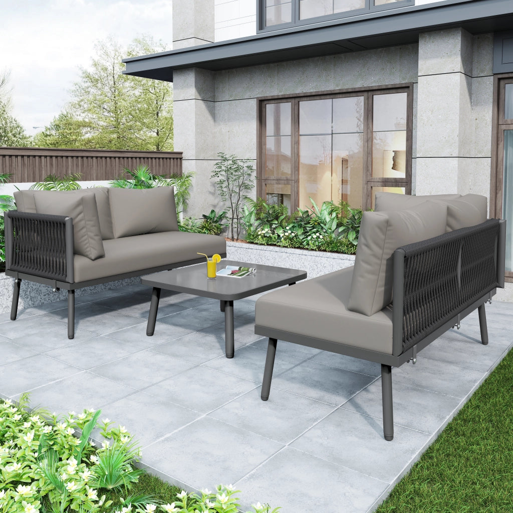Set giardino lounge: metallo forma L; corda grigia intrecciata; cuscini seduta; piedini regolabili; 2 Divanooi + 1 tavolo