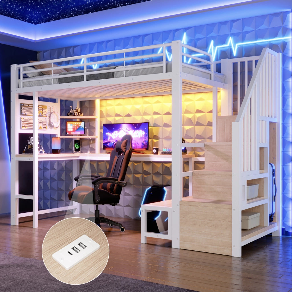 Letto a soppalco in metallo 90x200 cm, letto alto matrimoniale con scrivania, pannello forato, scala contenitore, prese USB/USB-C, ripiani e illuminazione LED, bianco