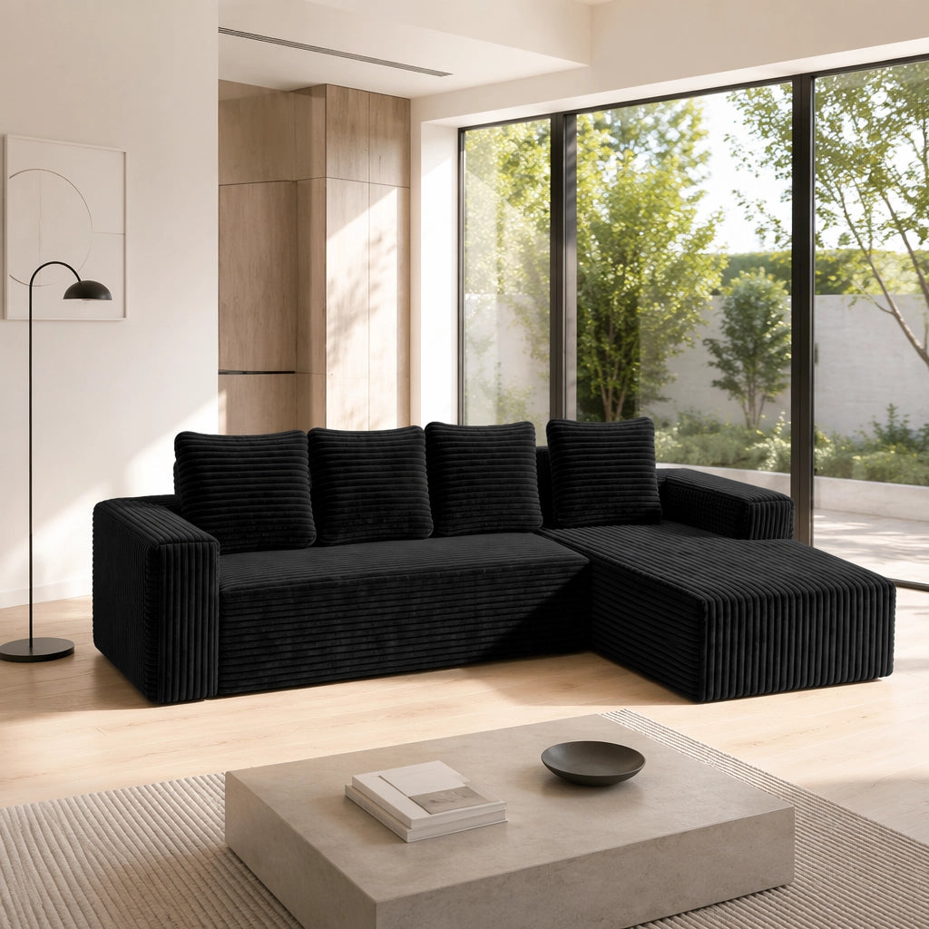 Divano angolare modulare reversibile con chaise longue e seduta profonda in velluto a coste nero