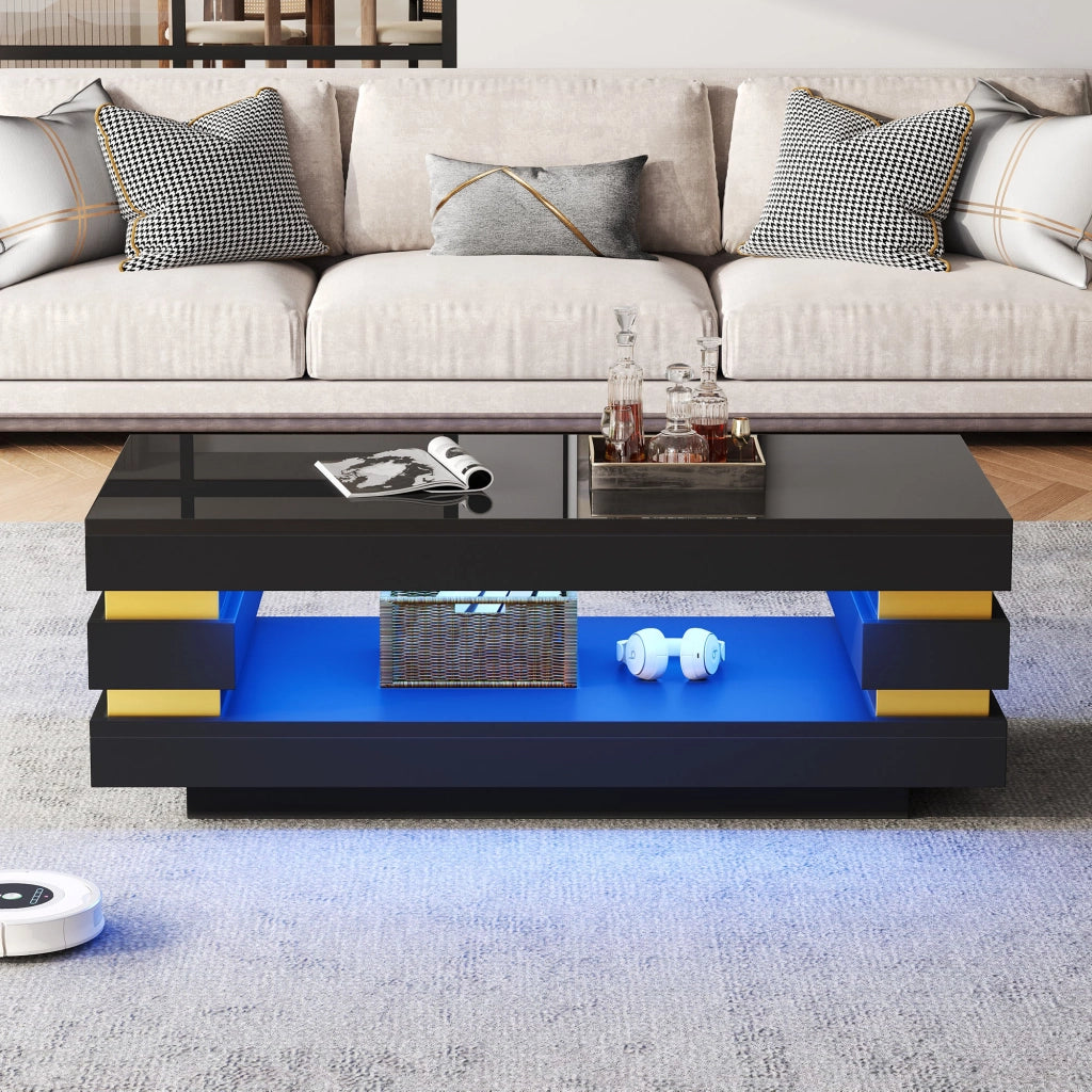 Tavolino lucido, 100 x 50 x 35 cm, design traforato, luci a LED, pannello truciolare, nero