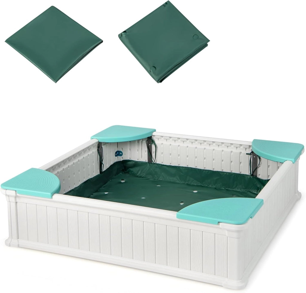 Sabbiera per Bambini, Sabbiera da Cortile con 4 Sedute Angolari e Copertura in Oxford, per Cortile Spiaggia Prato, 123,5 x 123,5 x 31,5 cm (Verde+Bianco)