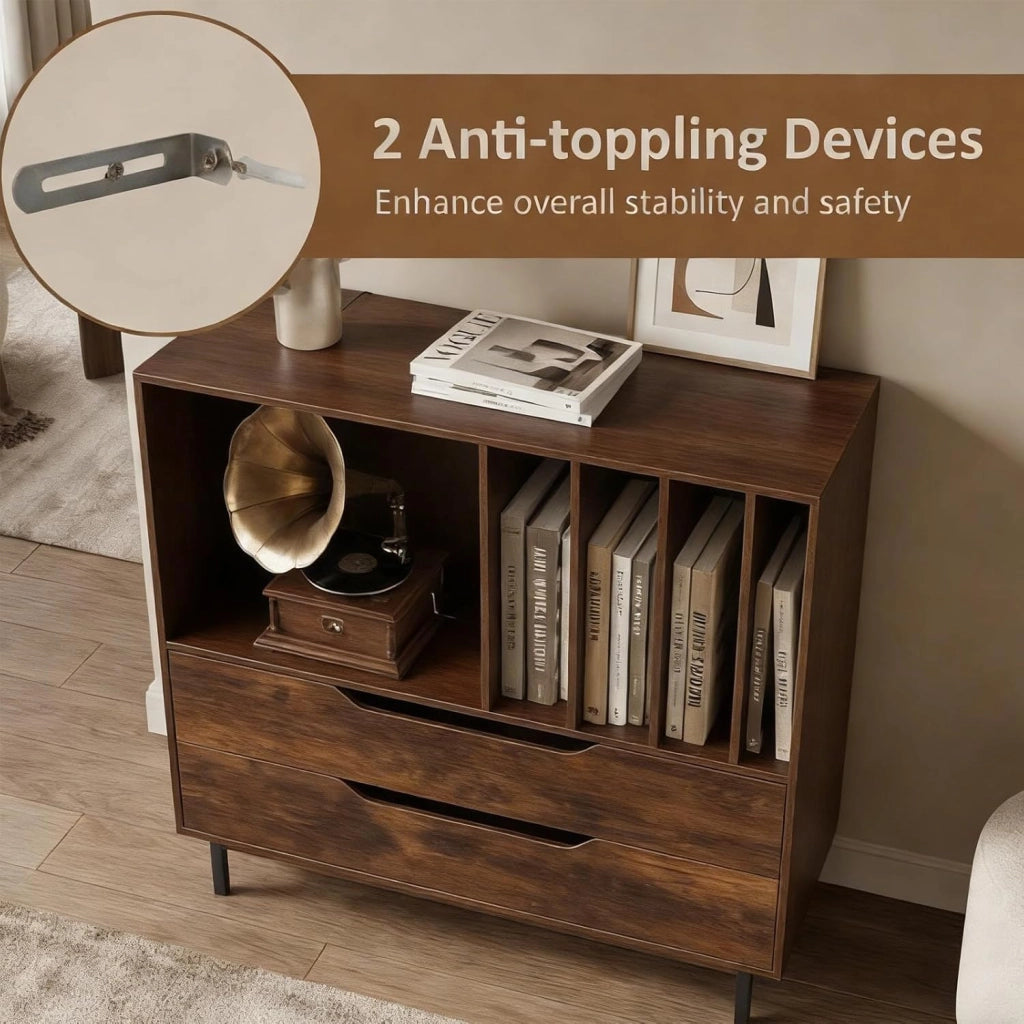 Supporto per Giradischi con Scomparto Aperto e 2 Cassetti, Mobile Vinili con Gambe in Metallo, Espositore per Dischi per Camera da Letto, Soggiorno, Studio (Marrone)