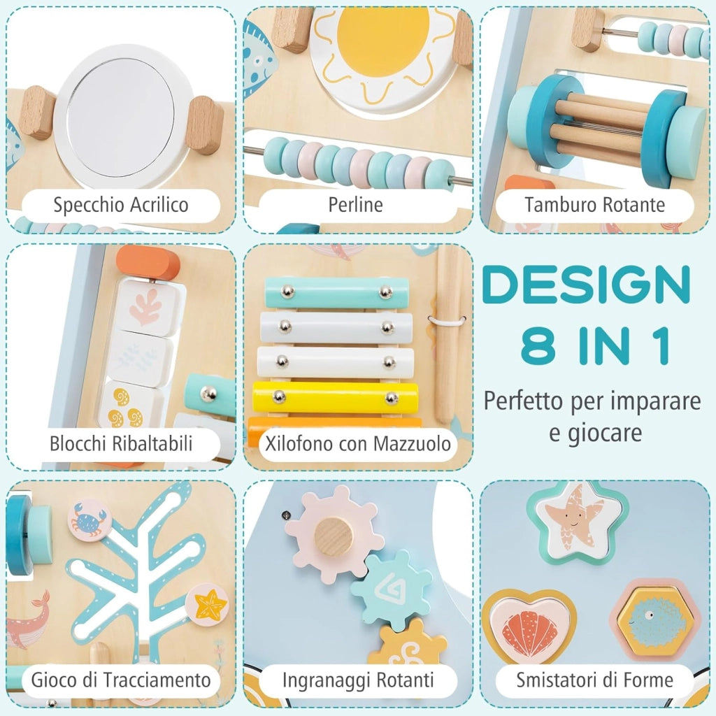 8 in 1 Carrellino Primi Passi, Girello in Legno per Bambini, Giocattolo Montessori con Ruote, Giocattolo da Spinta per Bambini 1+ Anni