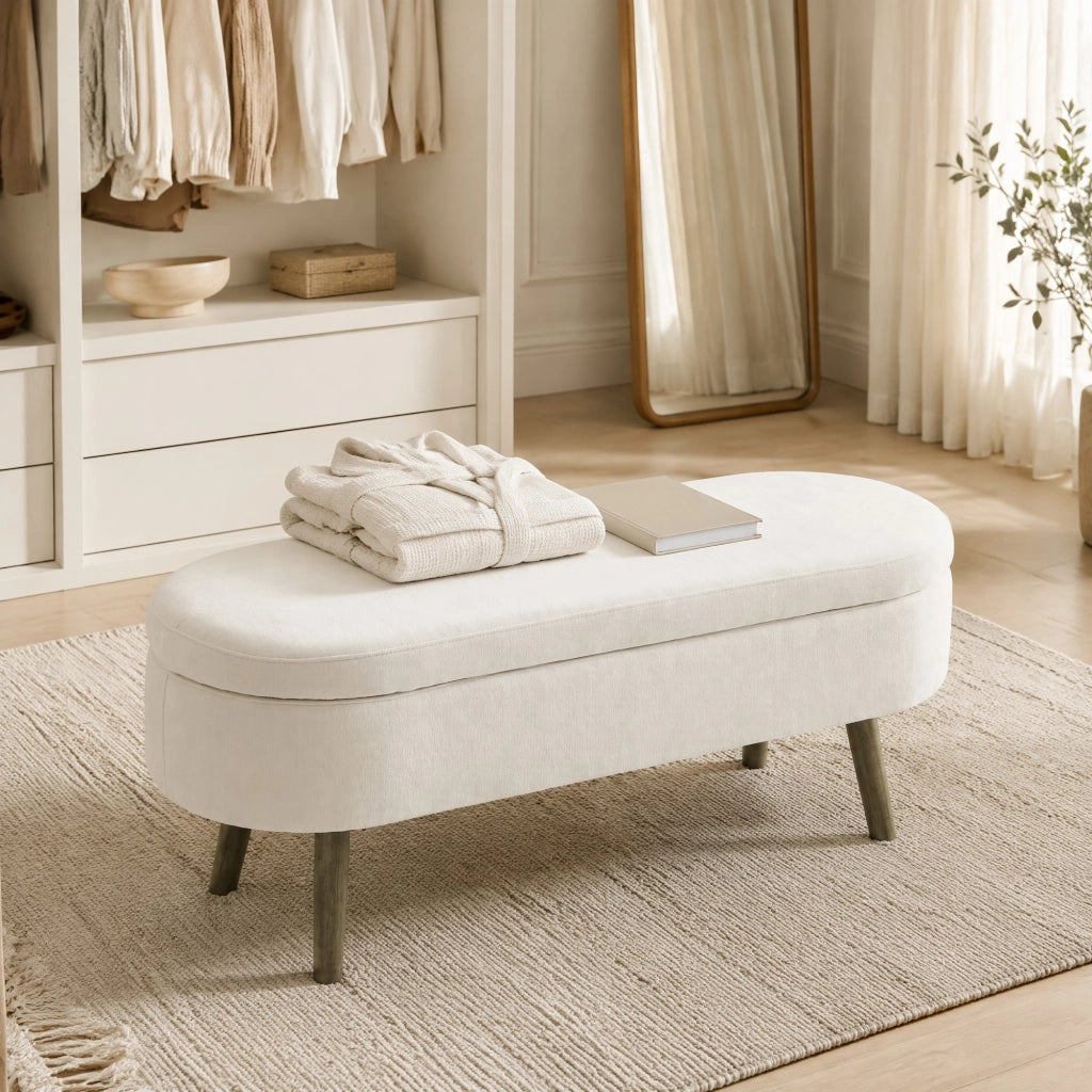 Panca contenitore in chenille beige con struttura in legno massello, 20L, 110x40x42 cm