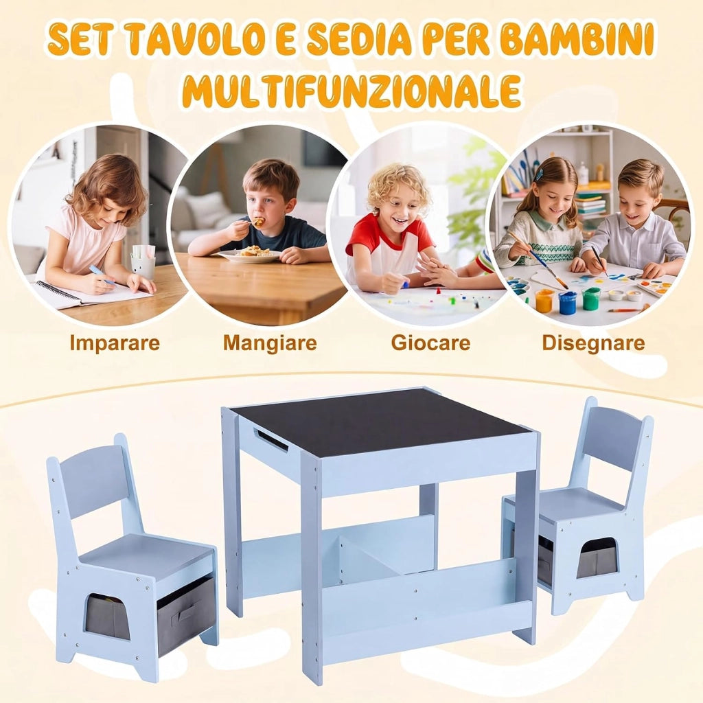 Set Tavolino Bambini con 2 Sedie per 3+ Anni, Tavolo e Sedie 4 in 1 con Lavagna Rimovibile, Librerie e Scatola in Tessuto, Mobile Salvaspazio per Scuola e Cameretta (Blu, Stile 3)