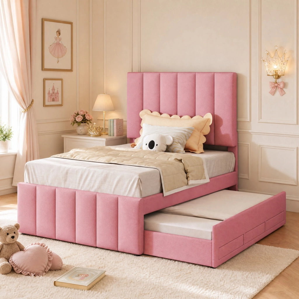 Letto imbottito con letto estraibile e 3 cassetti; 90x200 cm; rosa