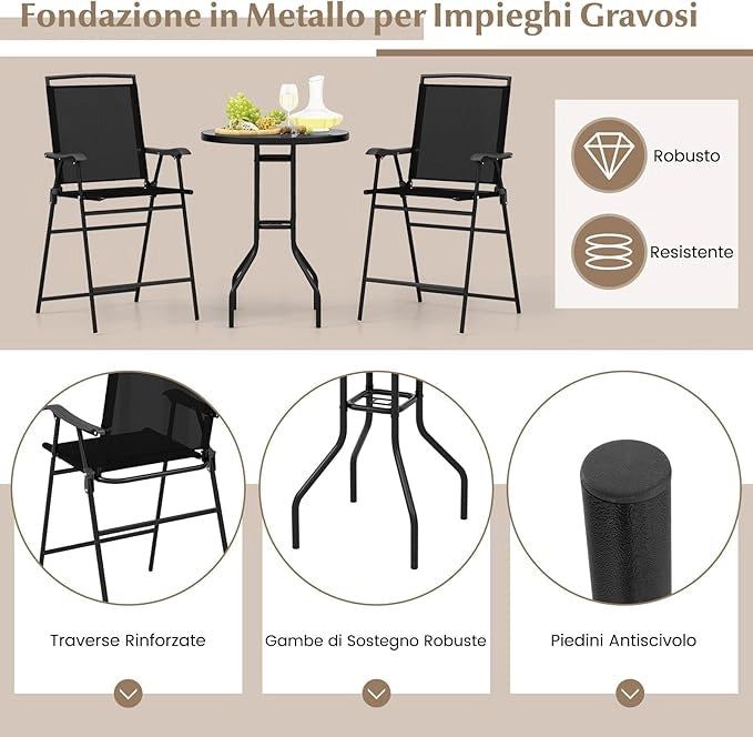 Set Tavolino e Sedie da Giardino, Set da Bistro con Sedie Pieghevoli, Tavolino con Foro per Ombrellone e Poggiapiedi, Tavolino da Bar per Patio, Tavolino Portata 50 kg, Sedia Portata 150 kg