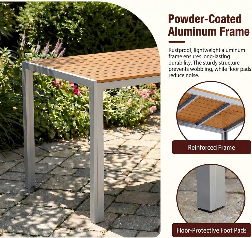 Tavolo da Giardino Moderno in WPC 110 x 70 cm, Tavolo da Pranzo per Esterno per 4-6 Persone, Tavolo da Balcone Salvaspazio in Alluminio, Design Effetto Legno,Marrone Teak + Grigio Chiaro
