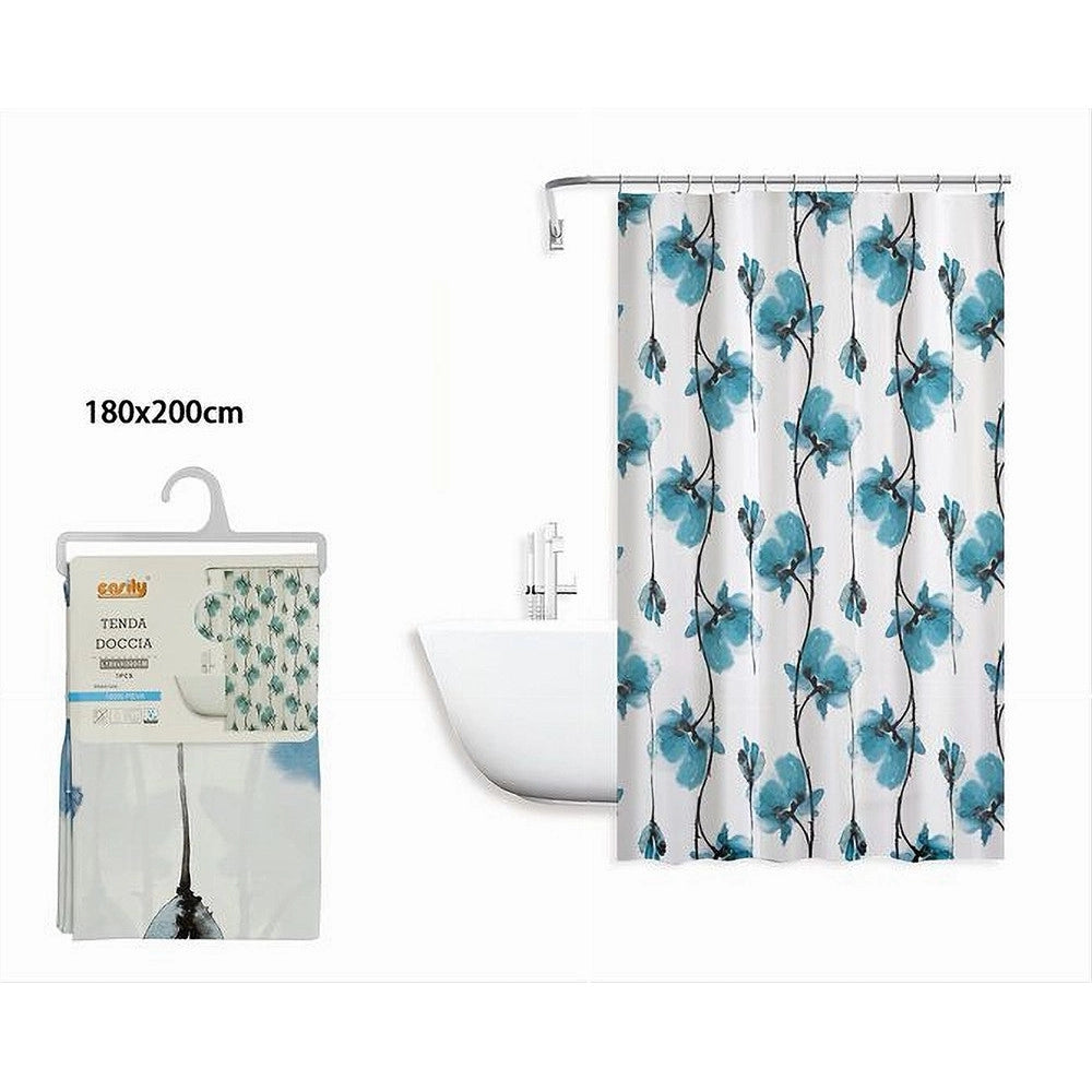 Trade Shop - Tenda Doccia Vasca Impermeabile 12 Ganci Decorazione Fiori Blu 180x200 Cm 79224 -