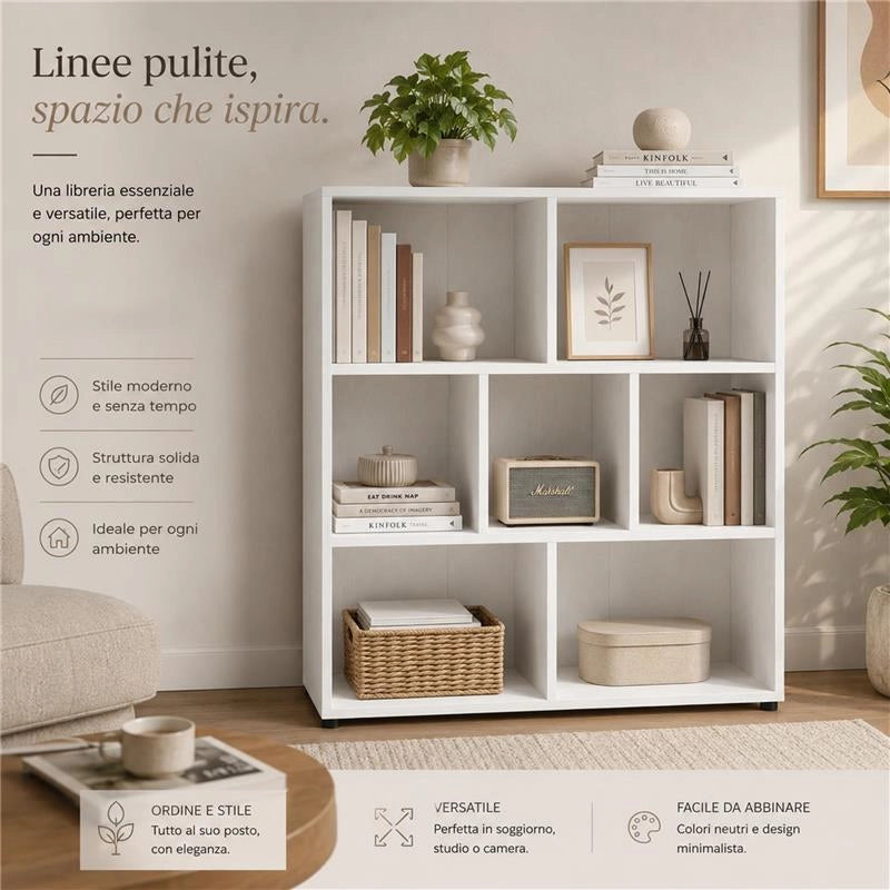 LIBRERIA MODERNA IN LEGNO BIANCO CON SETTE RIPIANI DIMENSIONI 90X30X106 CM
