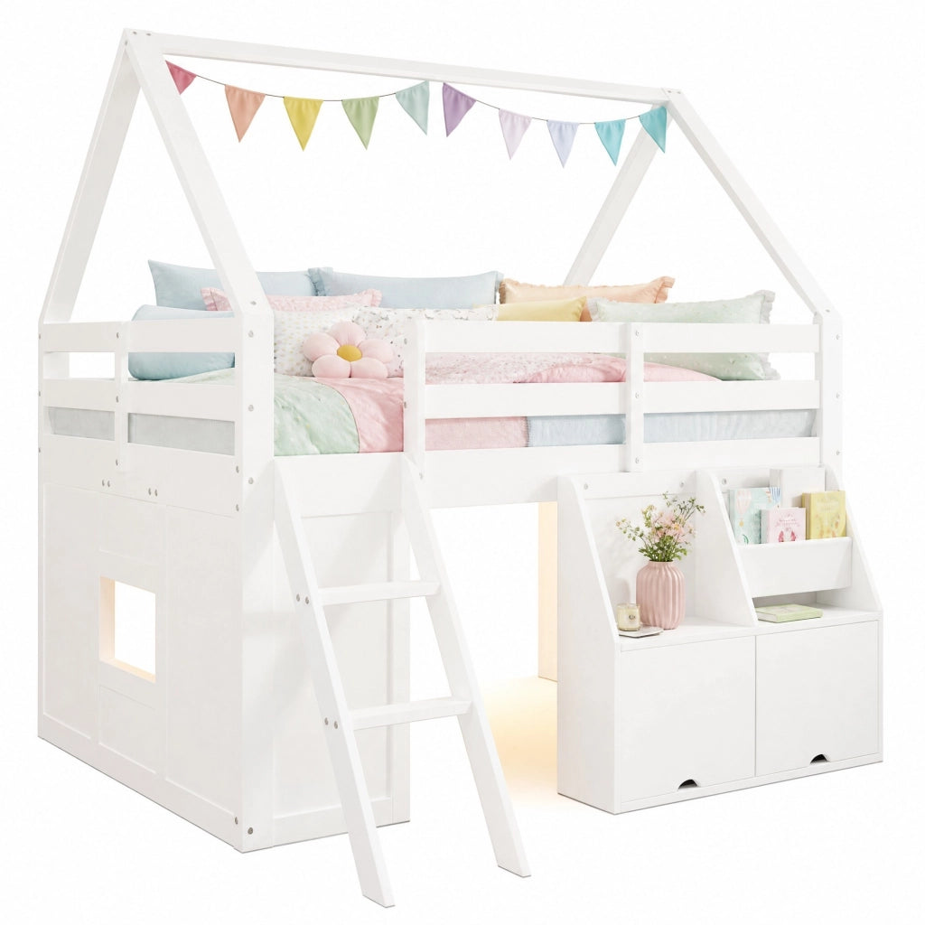 Letto a Soppalco 140x200 cm con scale; LED; box e tasche in legno bianco per cameretta
