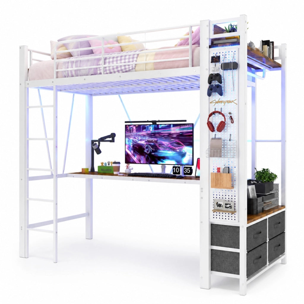 Letto a soppalco 90x200 cm con scrivania, LED, 4 cassetti e prese USB