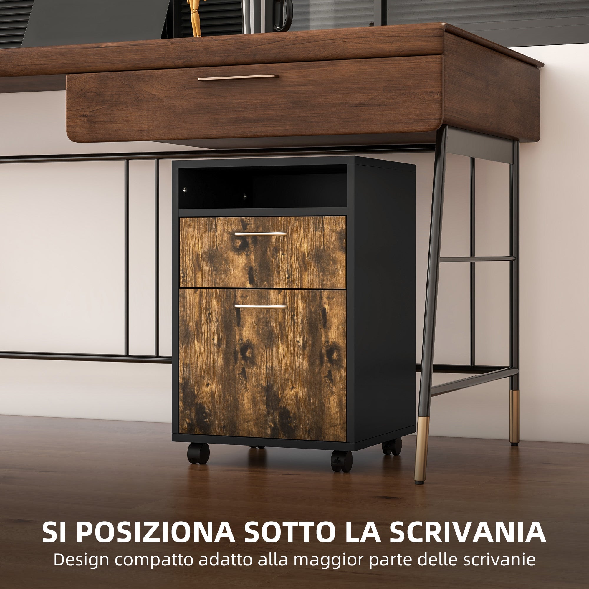 Cassettiera Portadocumenti da Ufficio Ripiano e 2 Cassetti 40x35x60 cm Marrone e Nero