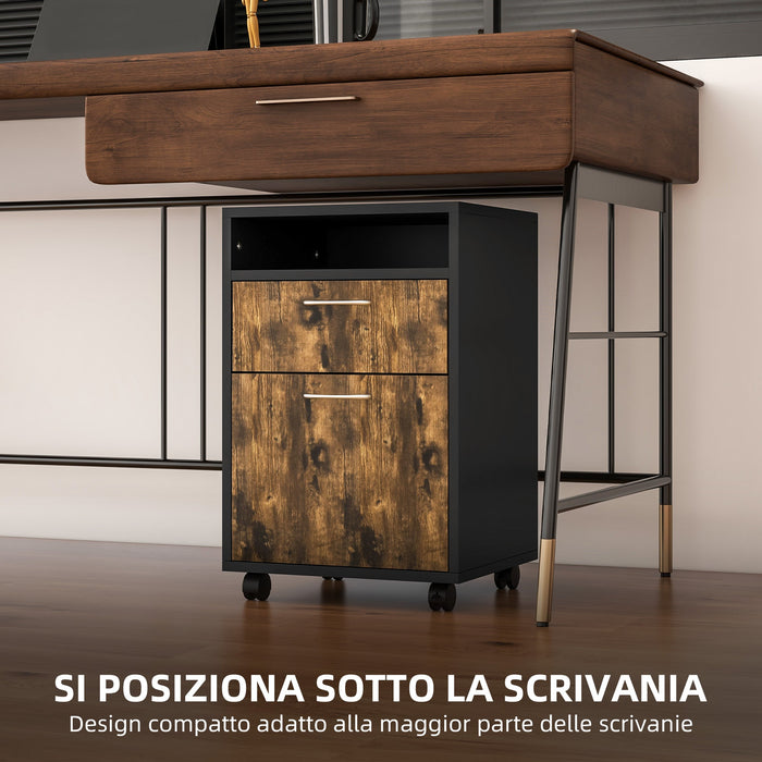 Cassettiera Portadocumenti da Ufficio Ripiano e 2 Cassetti 40x35x60 cm Marrone e Nero