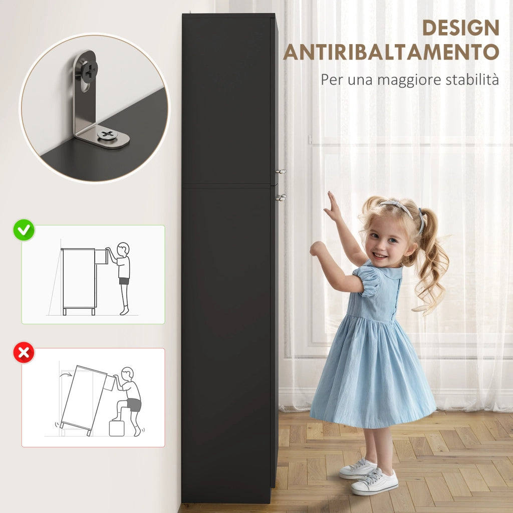 Mobile Contenitore Minimal 59x31x155 cm con 2 Armadietti e Mensole Regolabili in Legno Nero