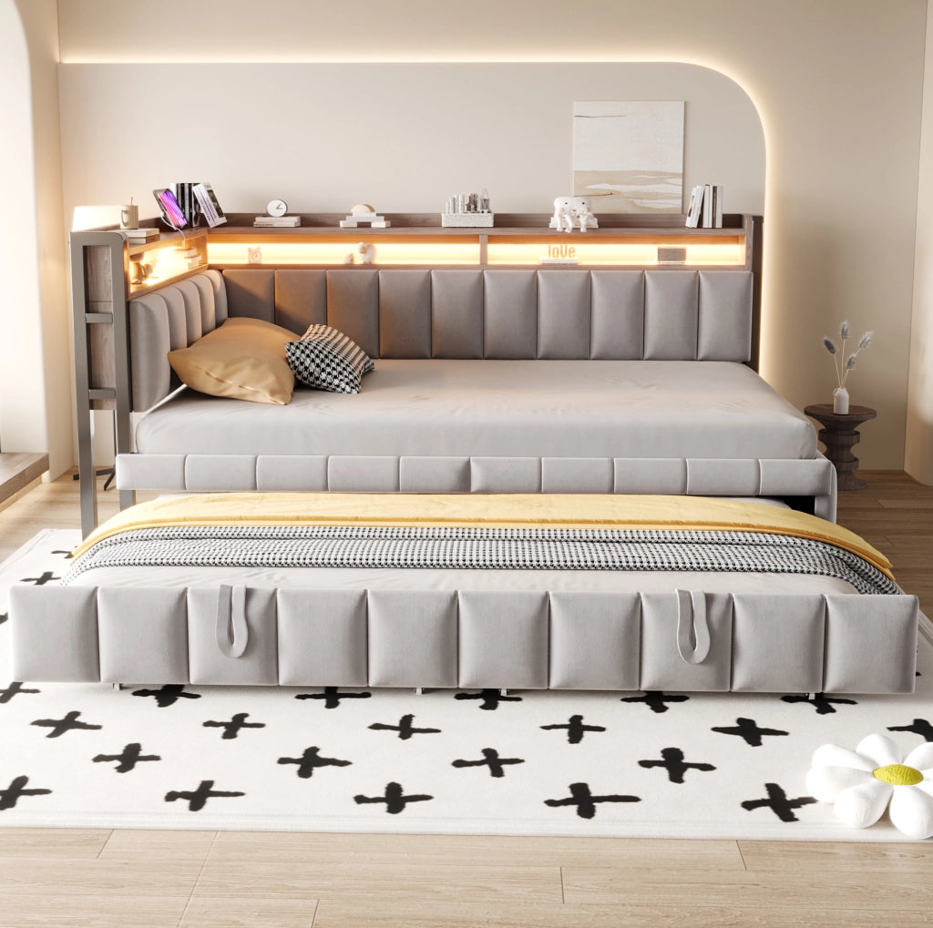 Divano letto estraibile ULEVR 90x200 cm con letto supplementare, LED, USB e Type-C, velluto grigio