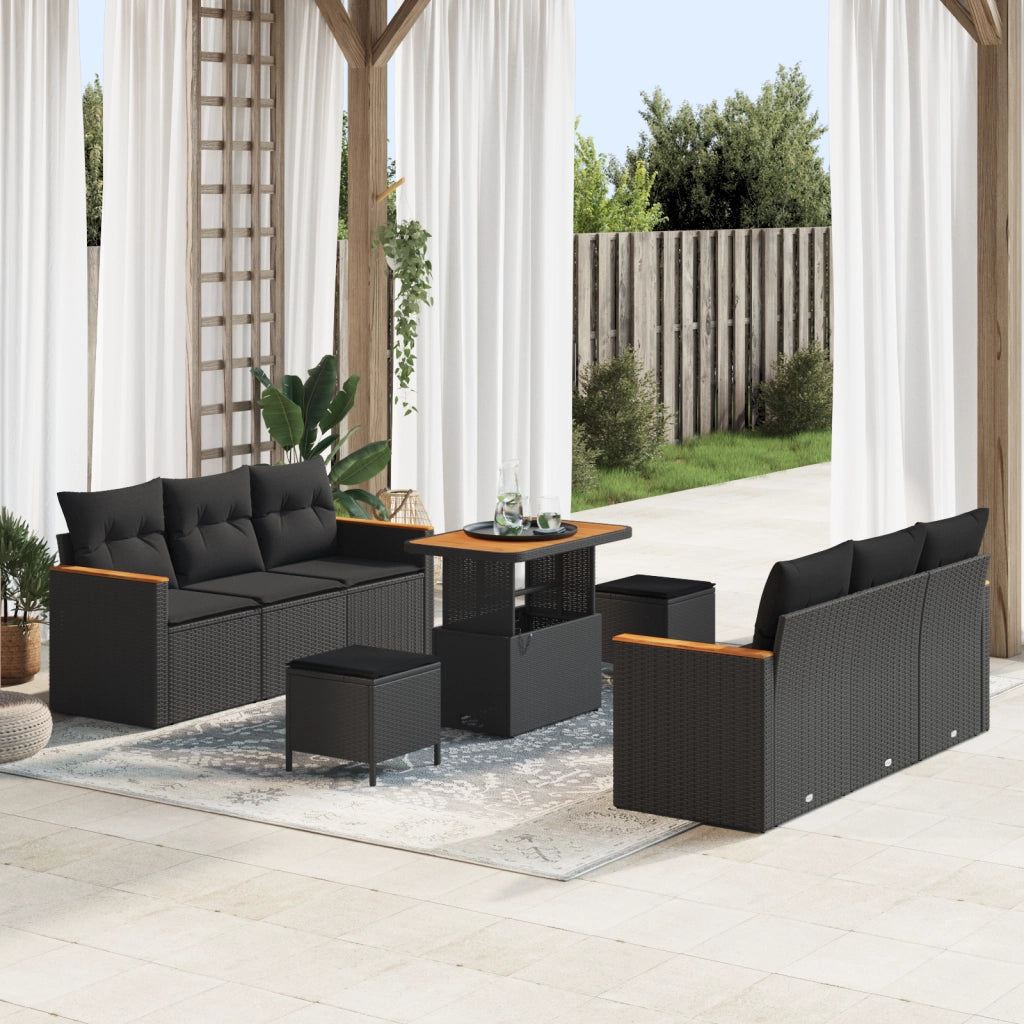 Set da giardino  9 pezzi con cuscini in polyrattan nero e acacia