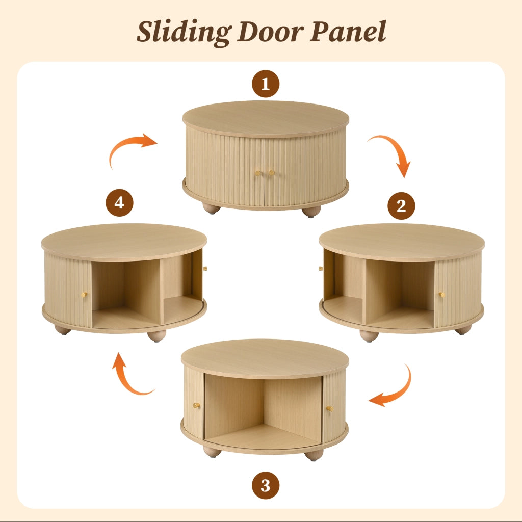 Tavolino basso rotondo con 2 ante scorrevoli, 4 vani interni e struttura in MDF, naturale, 72 × 72 × 38 cm