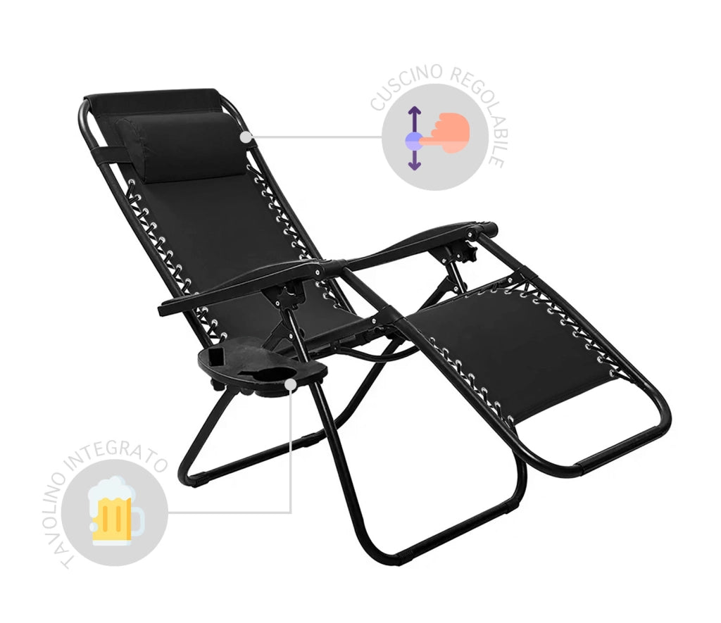 Sedia A Gravità Zero Sdraio Reclinabile Pieghevole Con Poggiatesta Poltrona Casa Terrazzo Giardino Struttura In Acciaio - Set Nero4