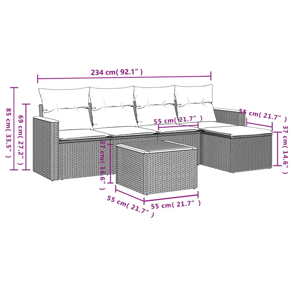 Set Divano da Giardino 6 pz con Cuscini Nero in Polyrattan 3258325