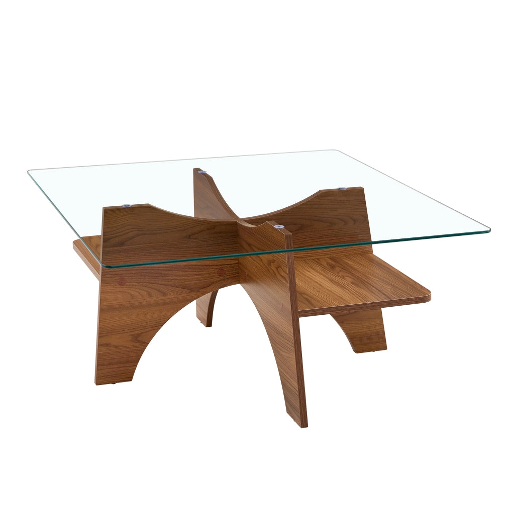 Tavolino 80x80x40 cm con piano in vetro temperato; struttura in MDF effetto noce