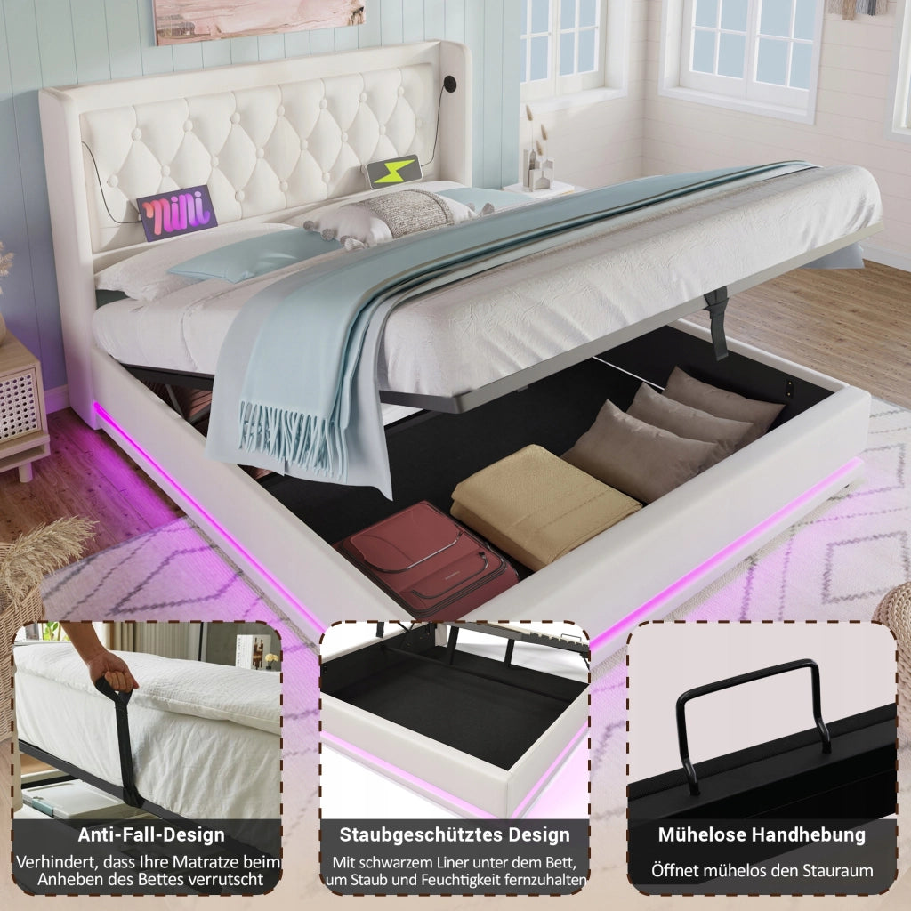 Letto imbottito 180x200 bianco - Xylo - Base idraulica LED USB-C
