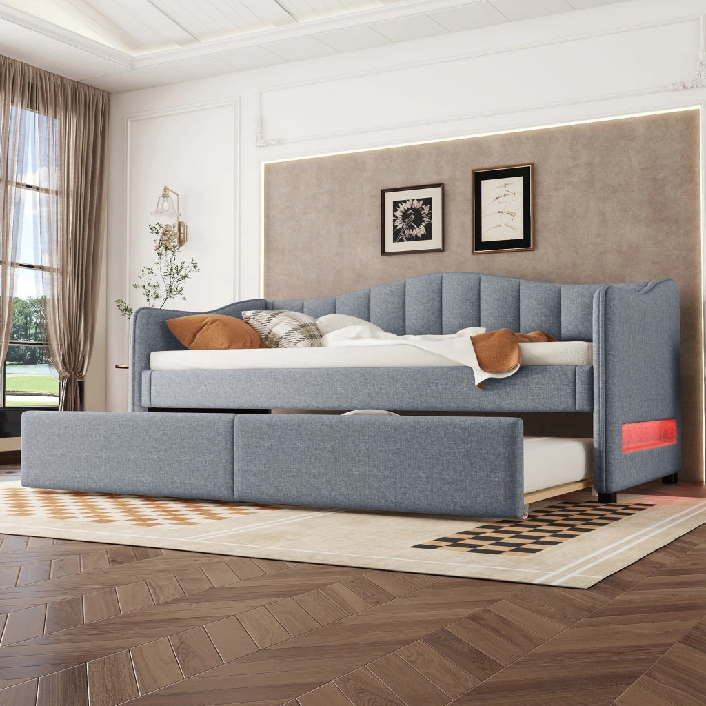 OKWISH Letto a Divano 90×200 cm, Letto Singolo con Letto Estraibile, LED Regolabile, senza Materasso, in Lino e MDF, Grigio