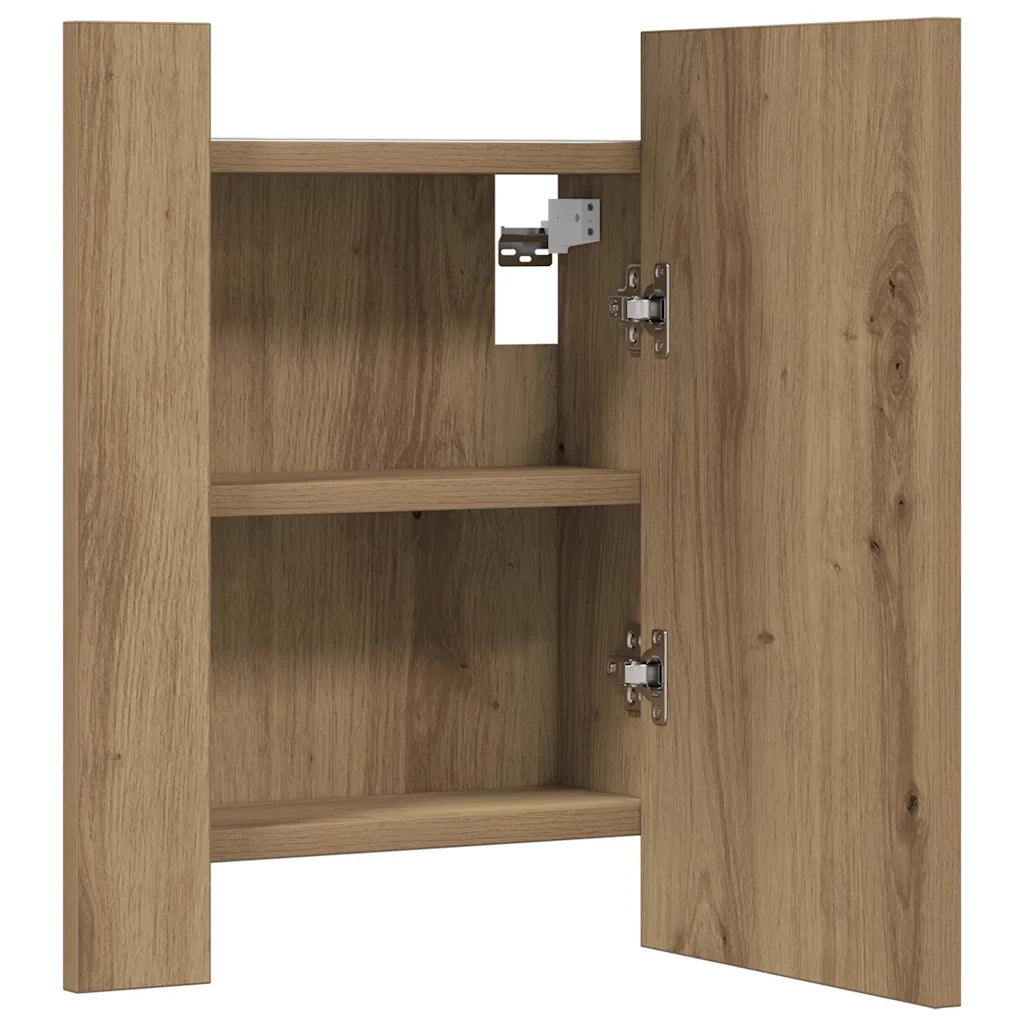 Mobiletto da bagno a parete con specchio a LED finitura in rovere lavorato a mano 40 x 12 x 45 cm design moderno vano contenitore 02_0050832