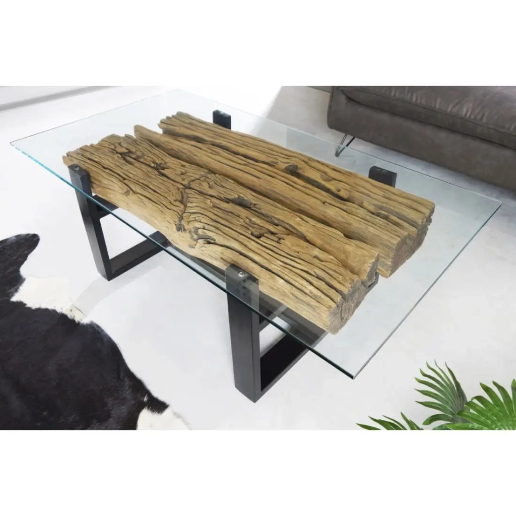Tavolino basso RAFTA 130 cm in teak riciclato con vetro temperato – Gambe in metallo nero a U