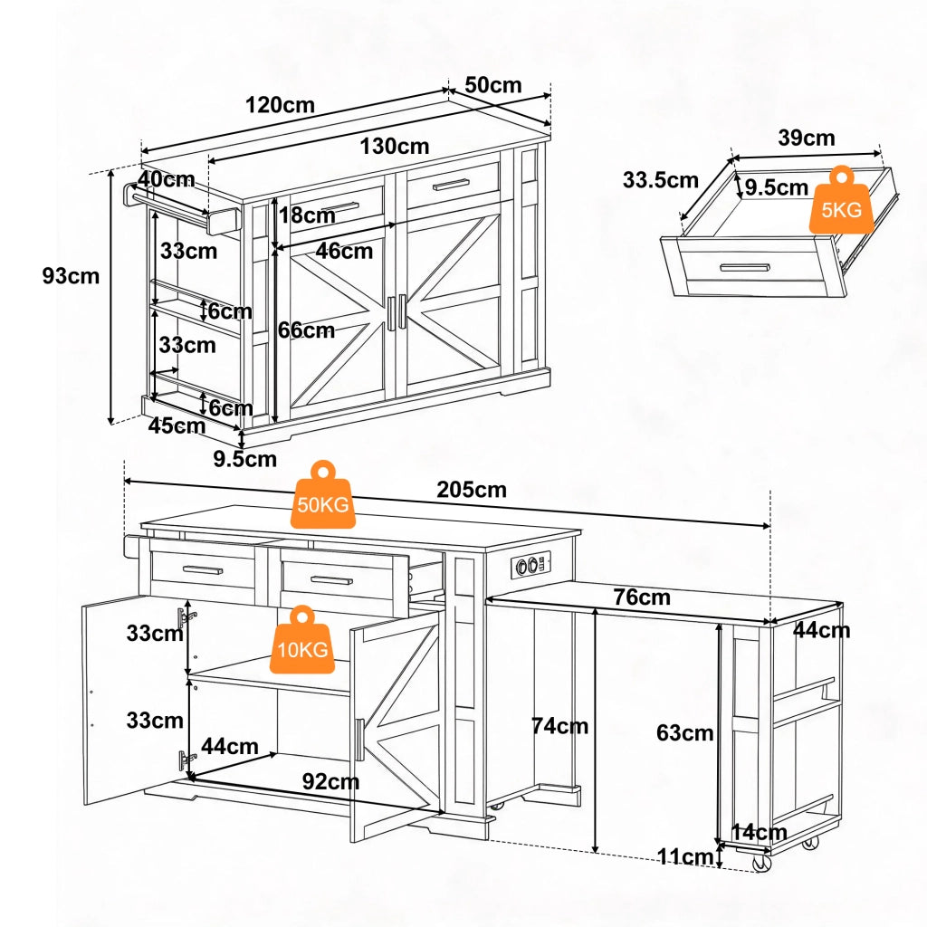 Isola da cucina mobile con piano estraibile, prese integrate, 2 cassetti, armadio a doppia anta e ruote con freno
