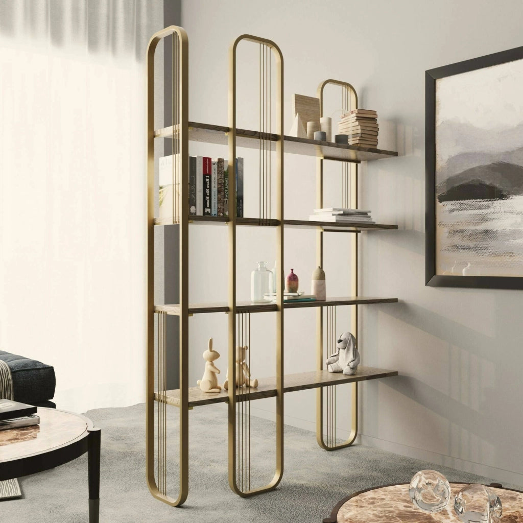 Libreria Angylla, Scaffale da ufficio, Mobile portalibri, Biblioteca, 125x28h180 cm, Oro