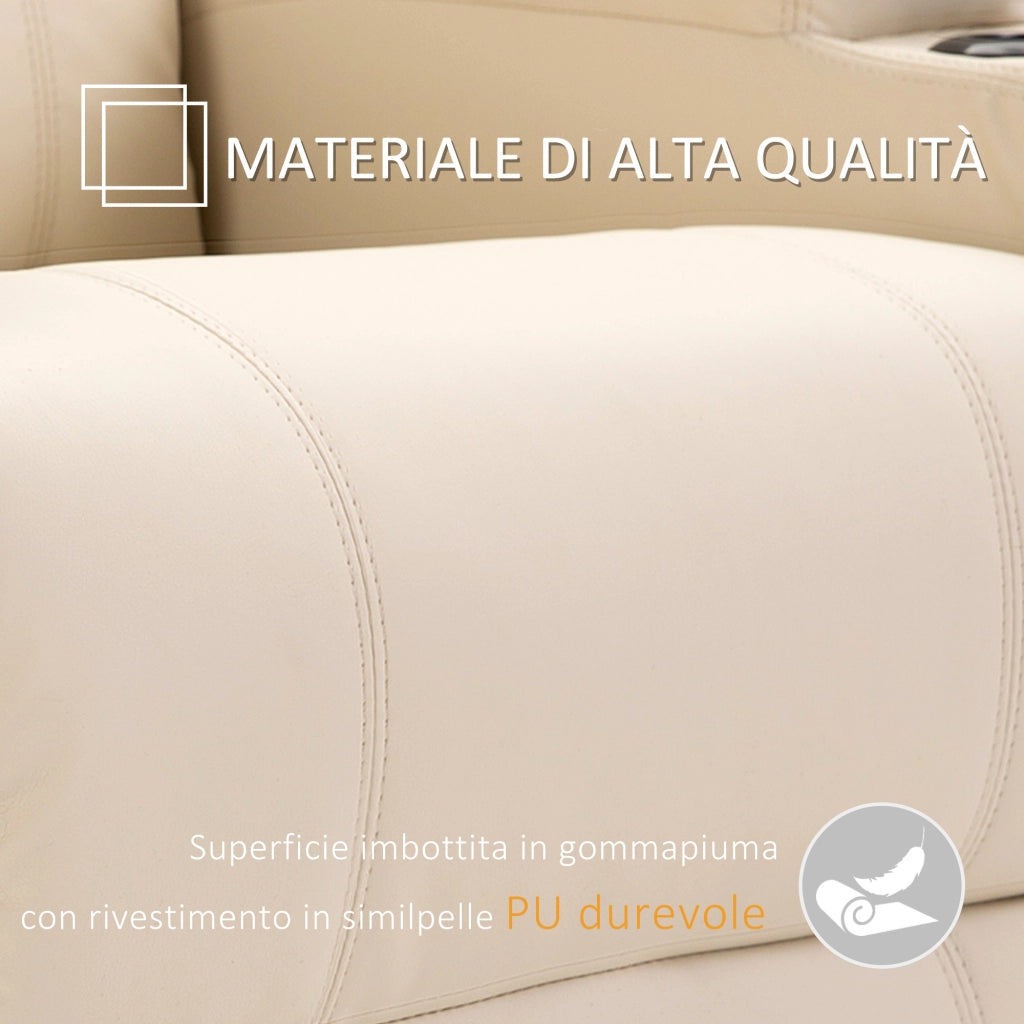 EasyComfort Poltrona Relax Elettrica Reclinabile Girevole con 2 Portabicchieri, Telecomando, Poggiapiedi e 4 Tasche Laterali, in Pelle PU, Legno e Acciaio, Crema