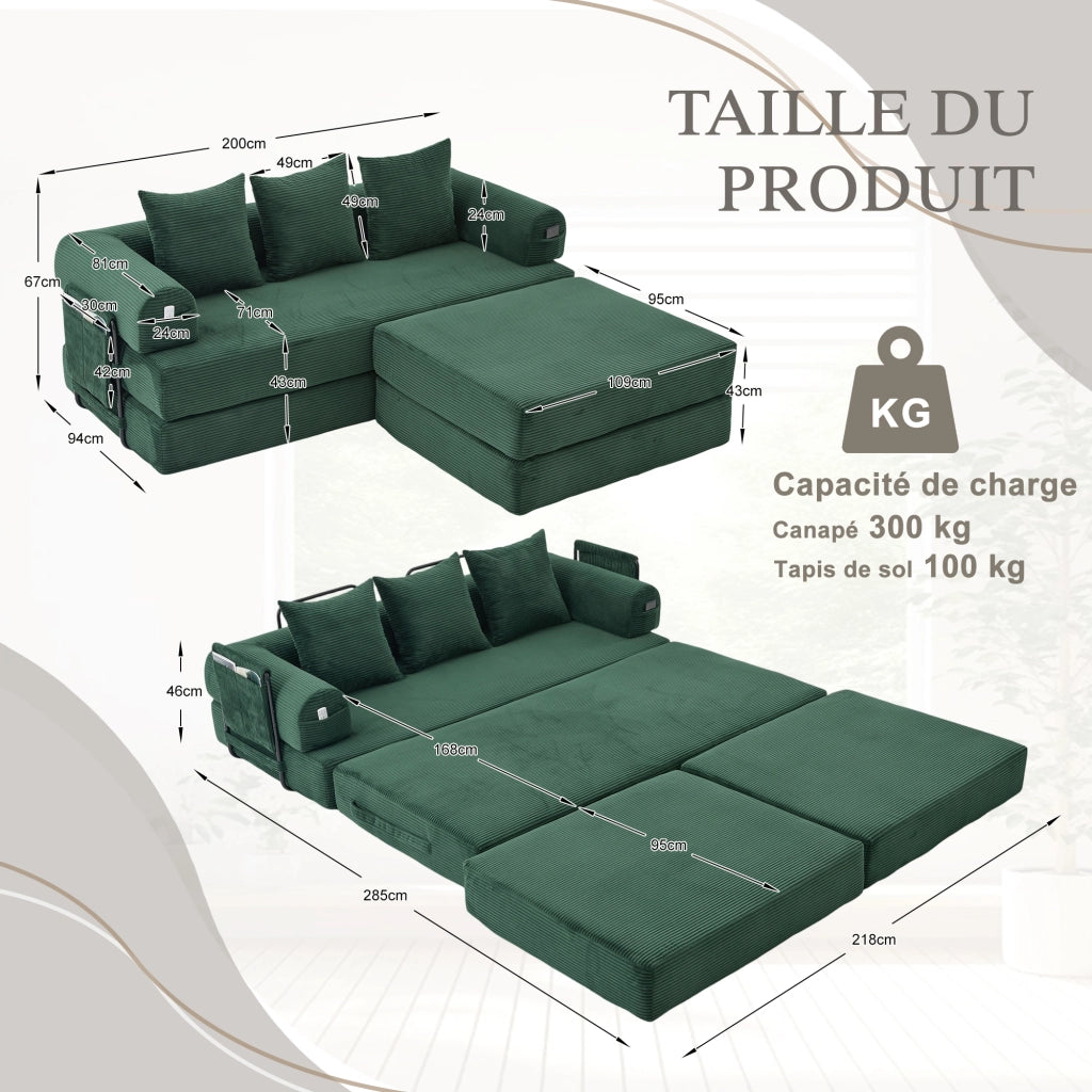 Divano modulare in corduroy con pouf, struttura in metallo, tasca laterale e 3 cuscini – Verde smeraldo