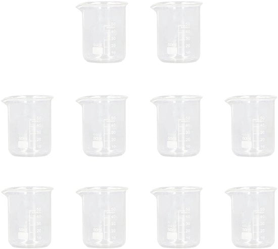 Set di Bicchieri di Laboratorio in Vetro Borosilicato da 10 - Bicchiere di 50 ml - Vetro di Precisione - Vetro Borosilicato - Altezza del Colino Precisa - Adatto per Esperimenti