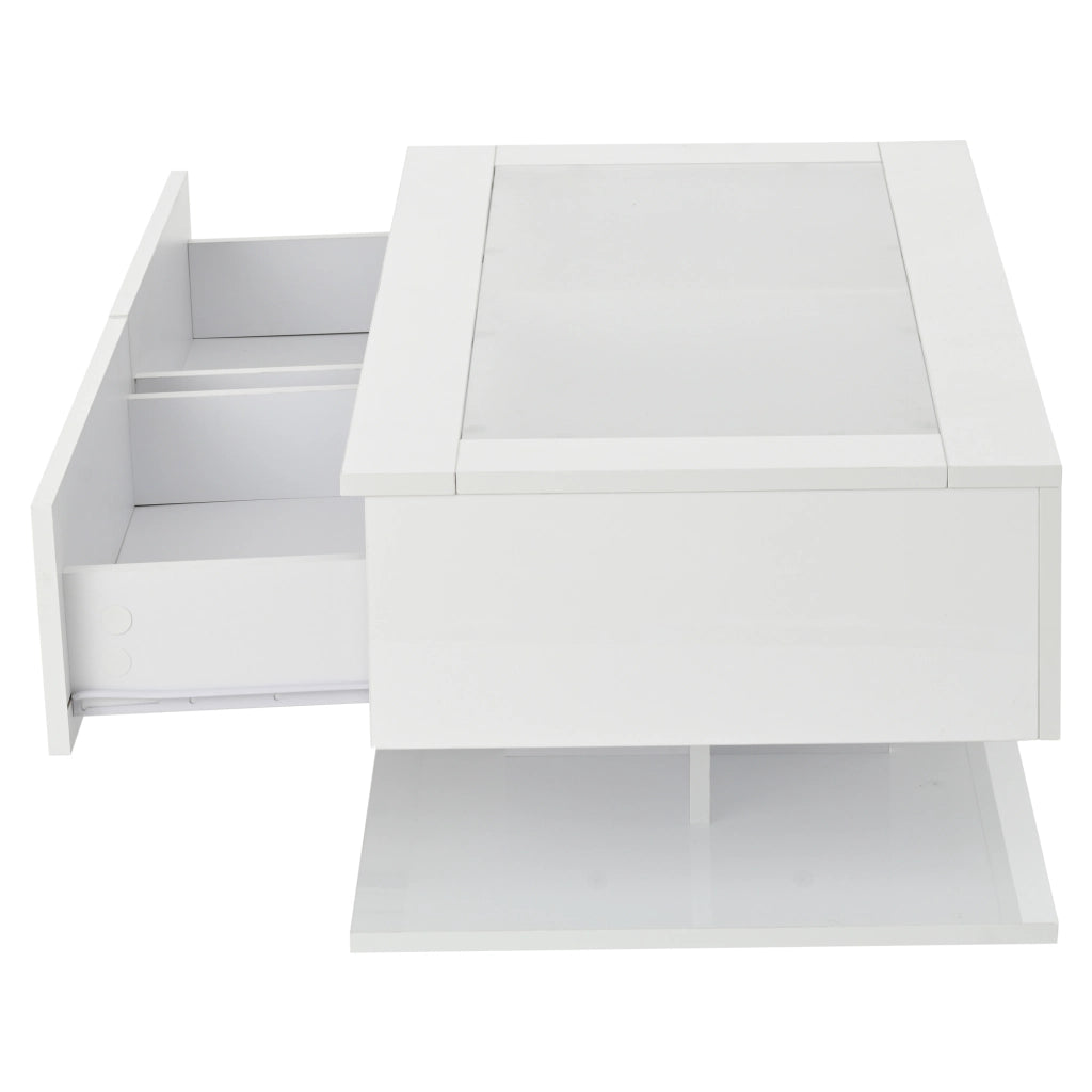 TAVOLINO DA SALOTTO 100x50x35 cm Bianco lucido con 2 cassetti e piano in vetro
