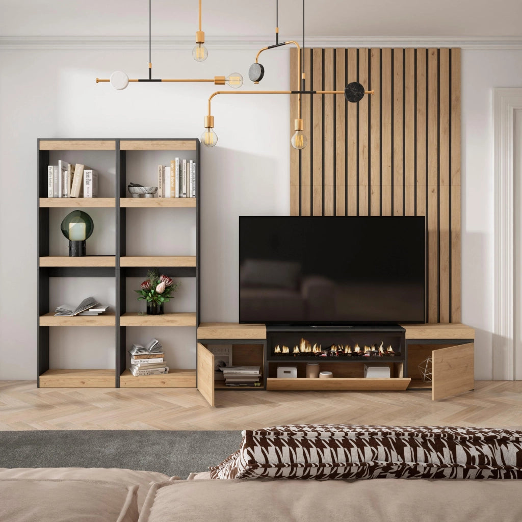 Mobile TV, Soggiorno, 320x35x186cm, Per TV fino a 80", Camino elettrico, colore Rovere e nero RF2602