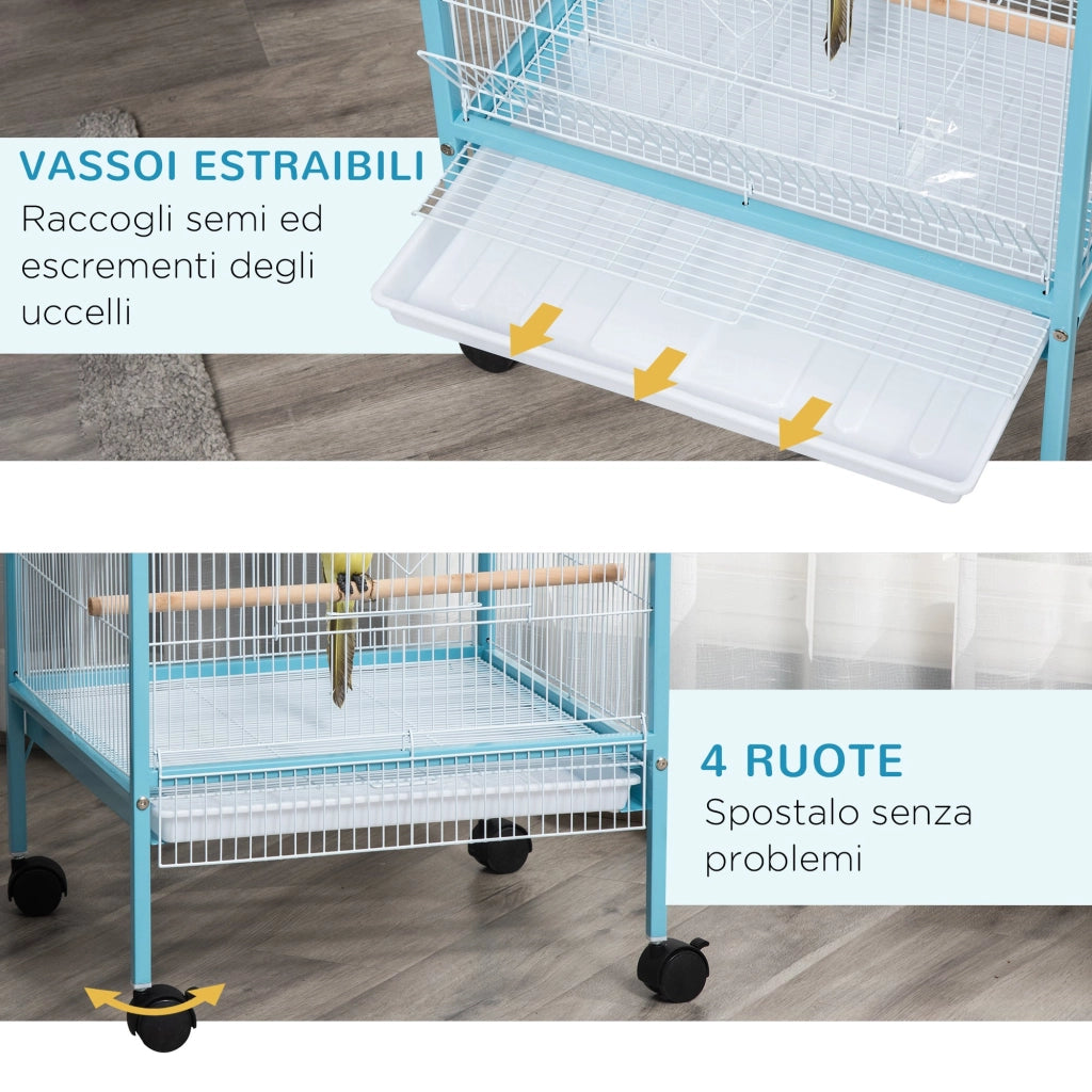 Voliera Gabbia per Uccelli 51,5x50x140 cm in Acciaio Azzurro