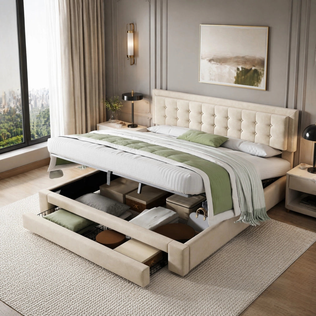 Letto matrimoniale imbottito 160x200 in velluto beige con contenitore, cassetti e testiera regolabile