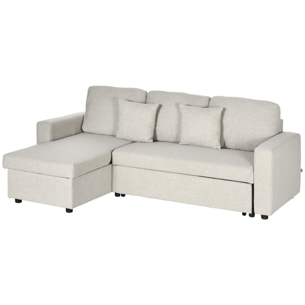 Divano Letto Angolare con 2 Cuscini e Vano Contenitore in Tessuto Crema ¨C Zephmum ¨C 2 Posti