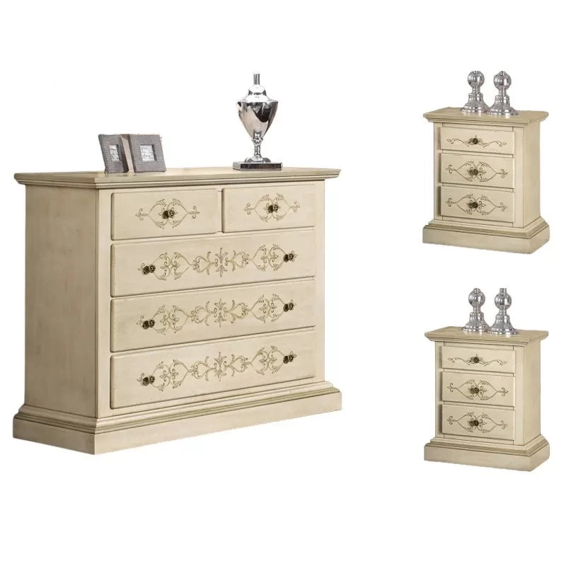 Gruppo 1 cassettiera 2 comodini legno classico avorio shabby (1470+1471) - Mobili 2G
