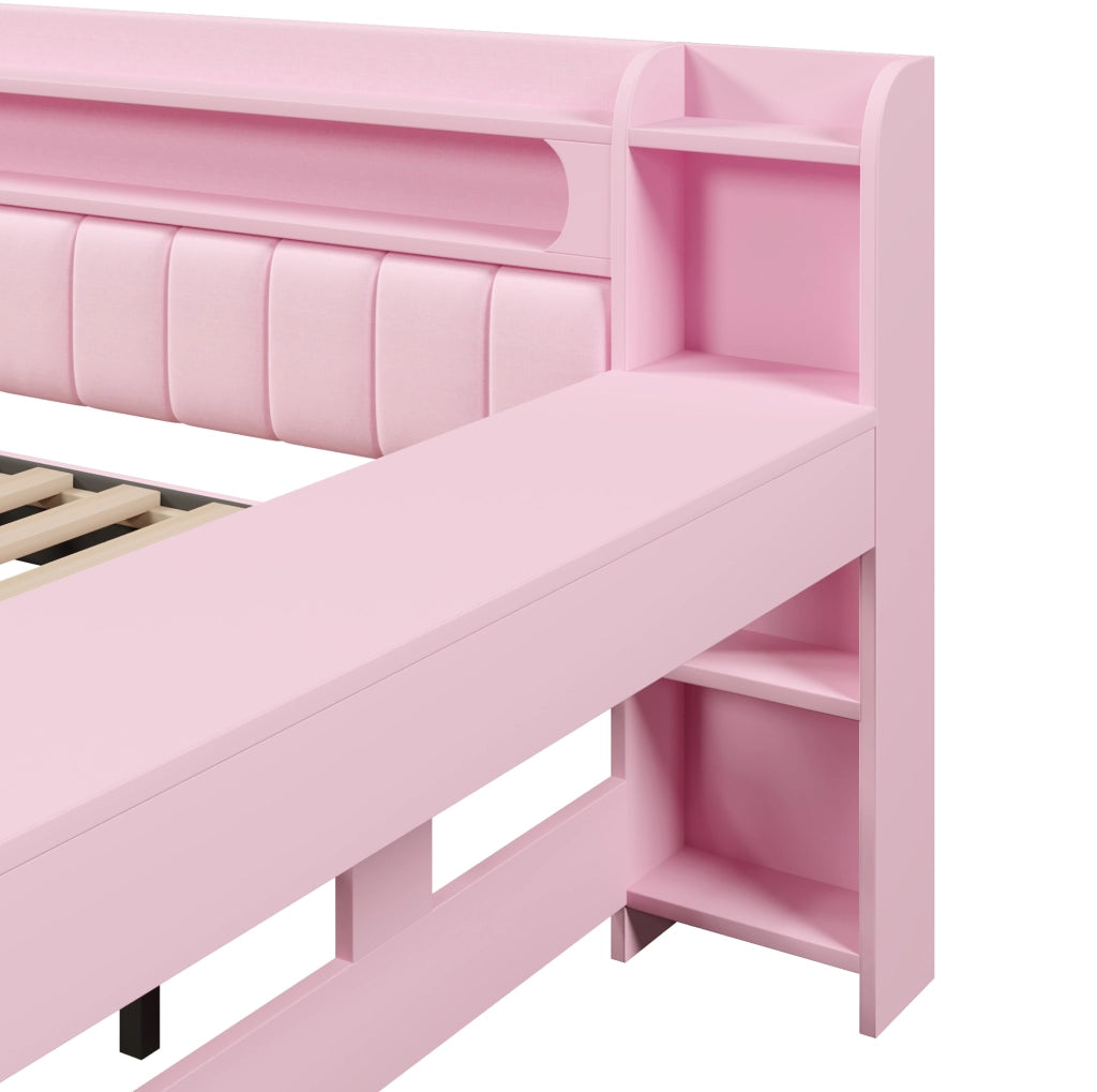Letto imbottito 140x200 cm con LED; USB; letto estraibile e scrivania in lino rosa