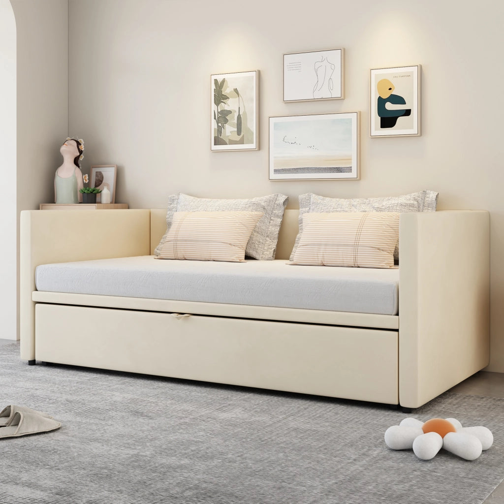 Letto divano estraibile 90 × 200 cm e 180 × 200 cm con telaio supplementare, senza materasso, in velluto beige