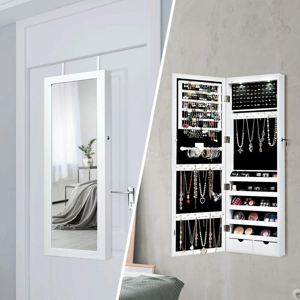 Armadio per gioielli con specchio e luci LED, Organizer al muro o sulla porta con ganci regolabili Bianco-Armadietti per gioielli