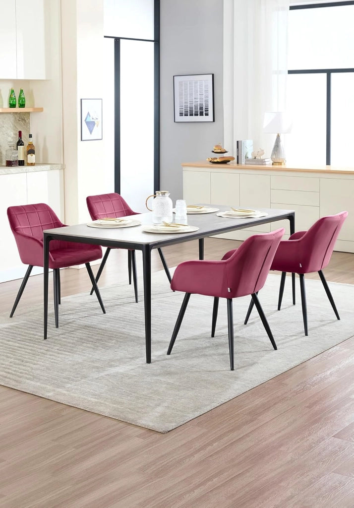Set di 8 Sedie per Sala da Pranzo Imbottita, Poltroncina in Velluto,Sedia da Cucina con Braccioli e Schienale, Gambe in Metallo, moderne, Bordeaux, BH93bd-8