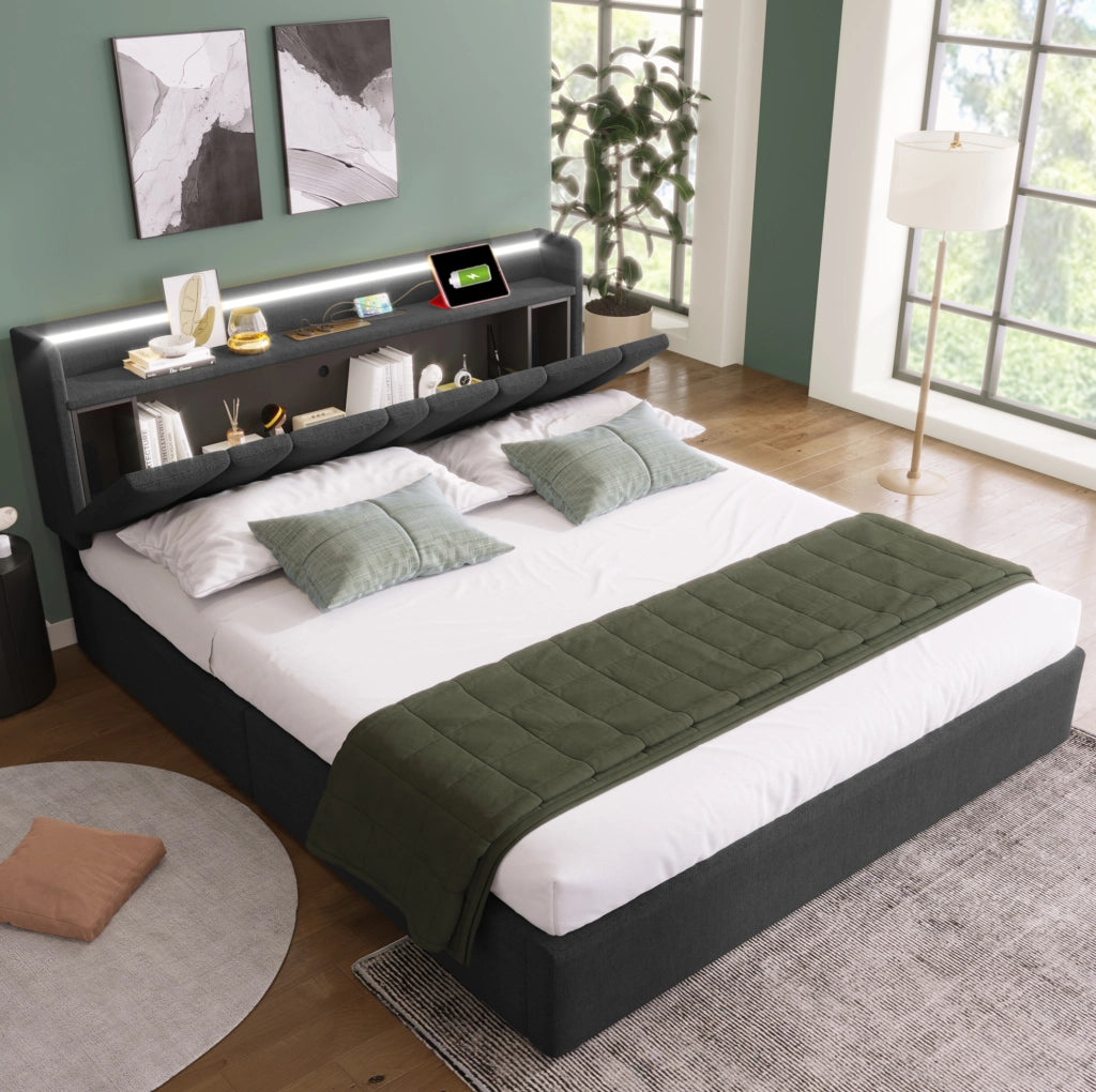 Letto matrimoniale 140x200 con LED RGB, USB e contenitore grigio
